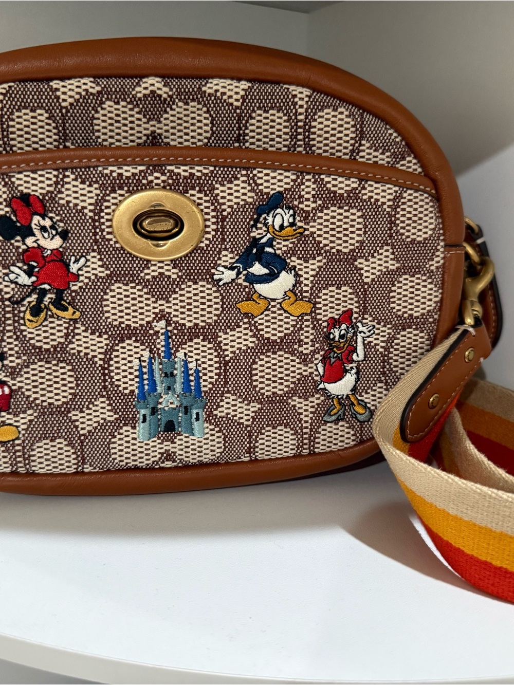 Coach Tan Signature Canvas Crossbody with Disney Embroidery and Striped Strap